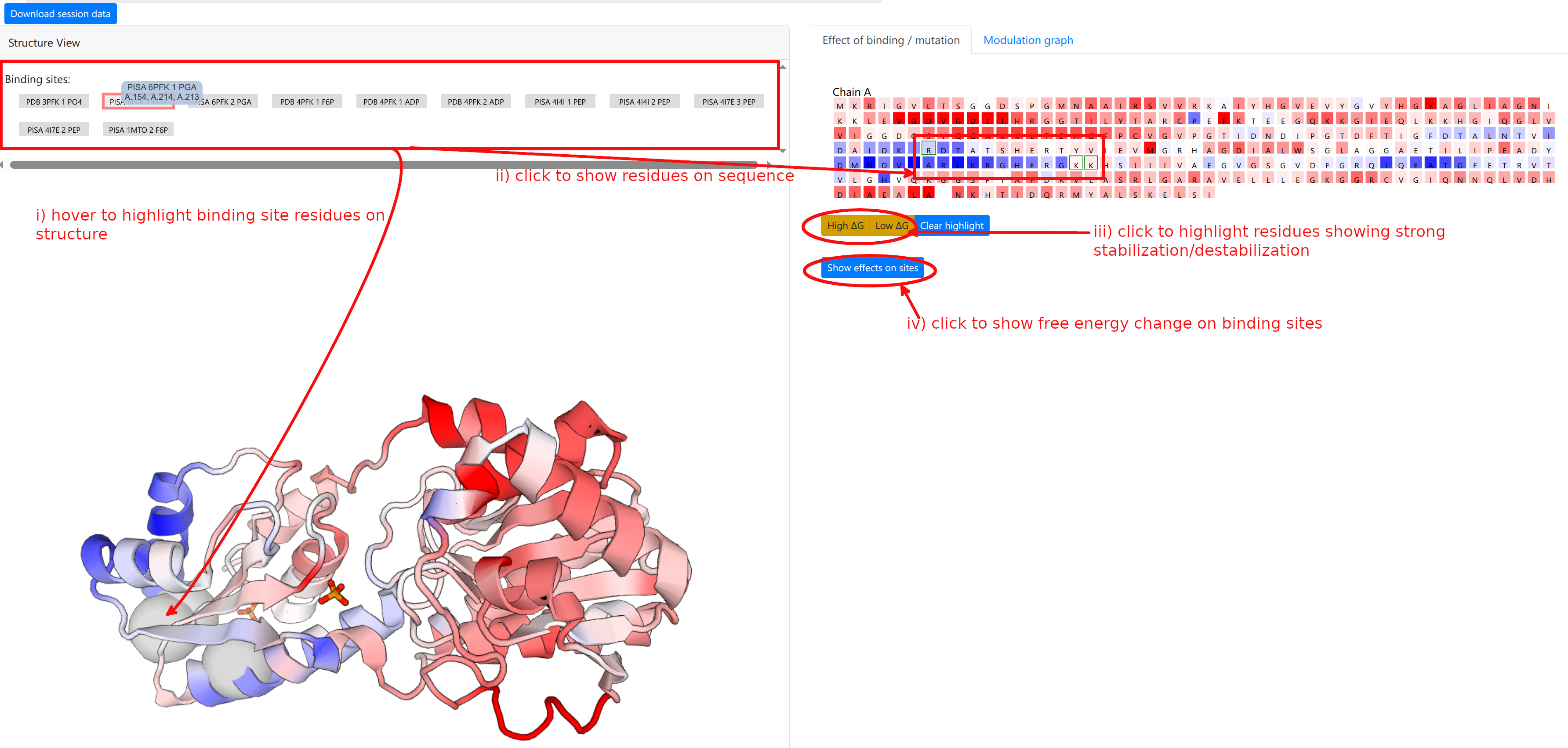 Results interface showing binding site effects with structure visualization, sequence mapping, residue modulation detection, and binding site dynamics analysis
