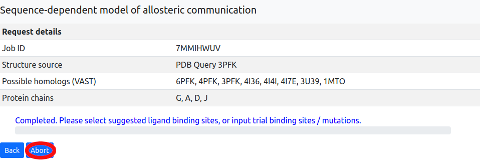 Results page showing Abort button functionality for cancelling running jobs