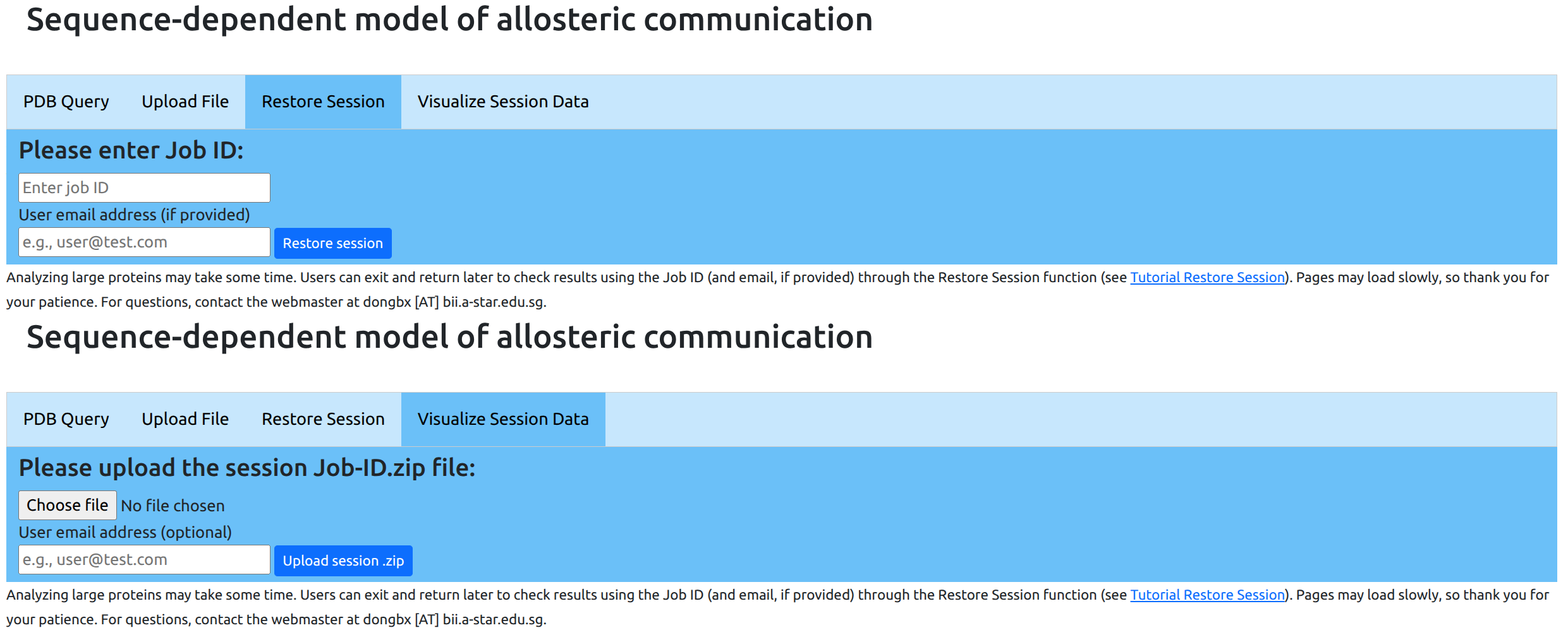 Interface showing options to restore or visualize old sessions with Job ID input fields