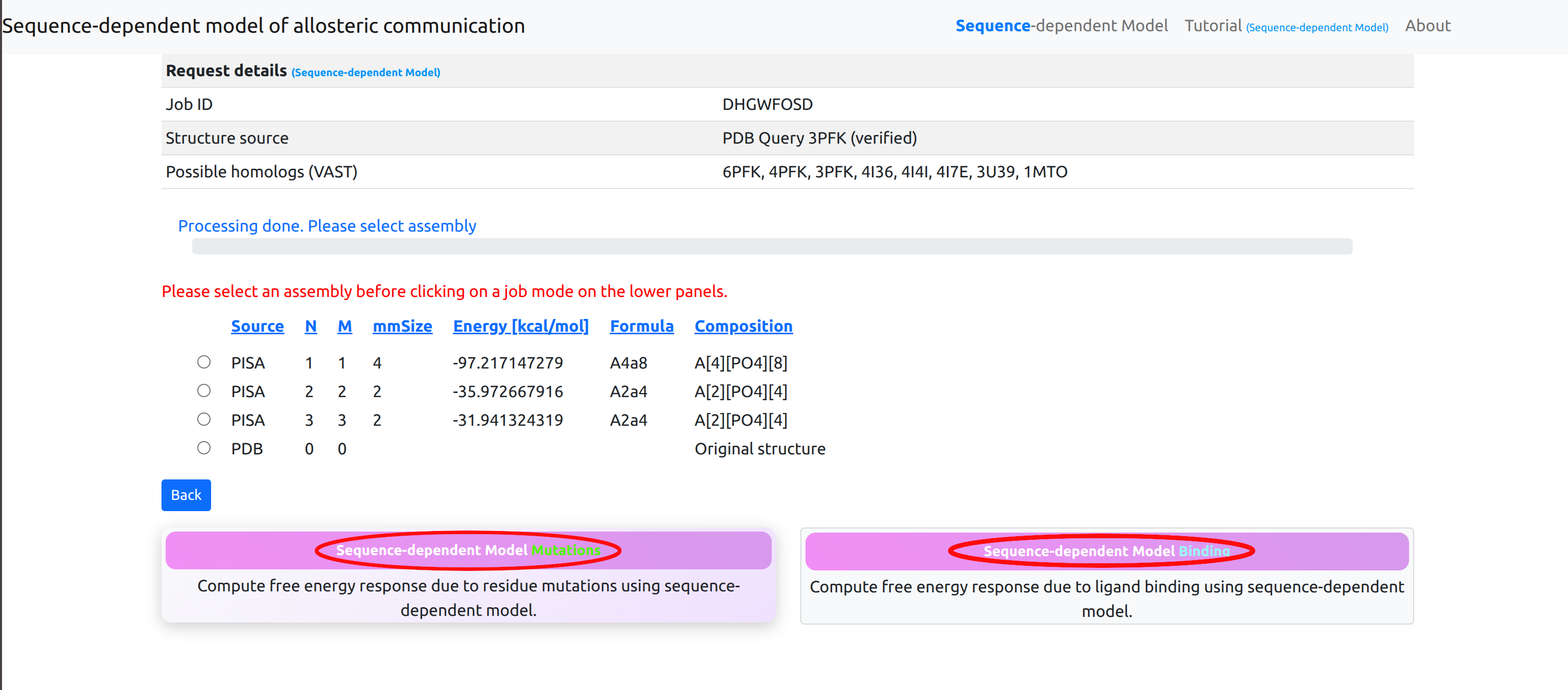 Interface showing assembly selection and modes of operation with buttons for mutation and binding analysis