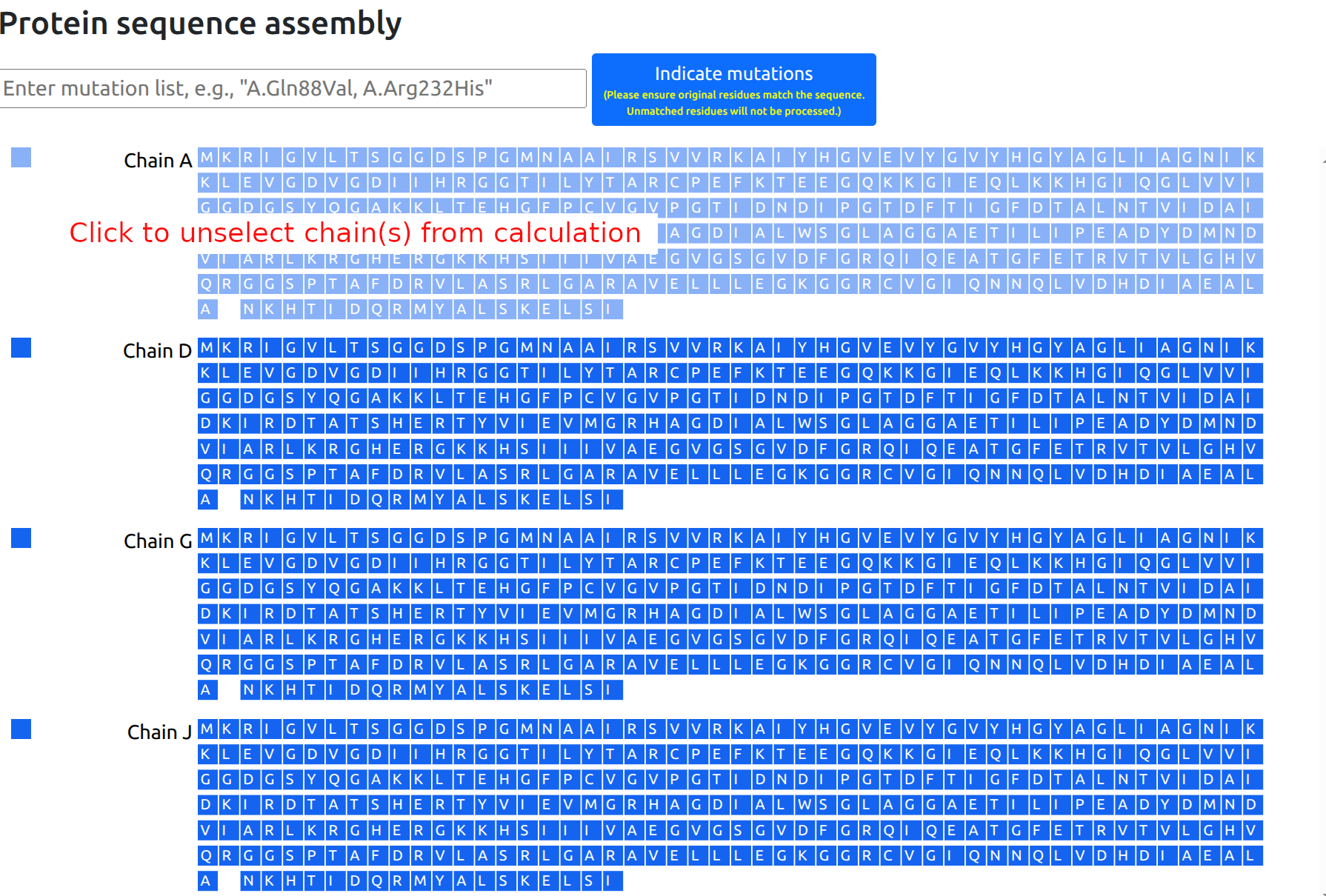 Interface showing protein chain selection options for excluding chains from computation or selecting entire chains as binding/mutation regions