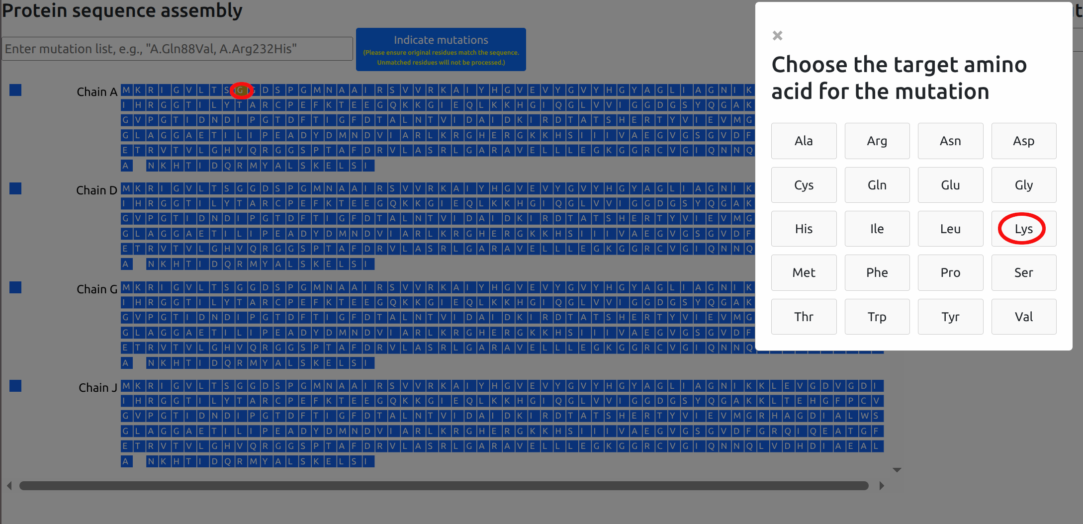 Defining mutation by clicking on residues and selecting mutations