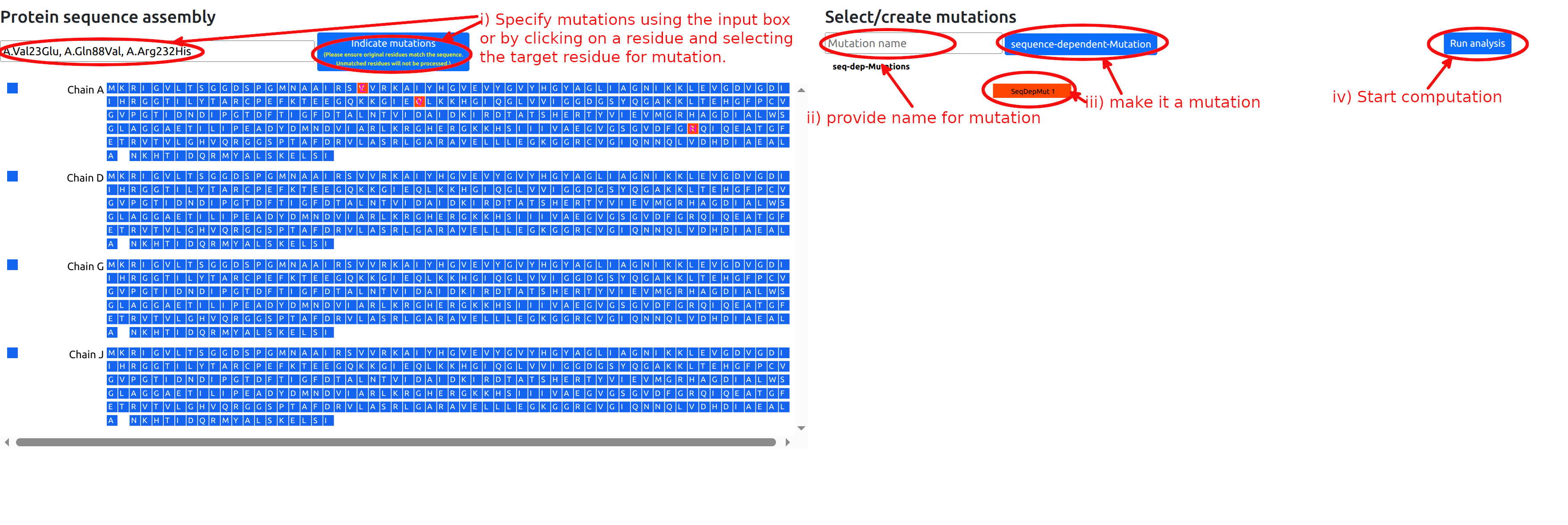 Interface showing how to define mutations by entering a string of chain and residue identifiers