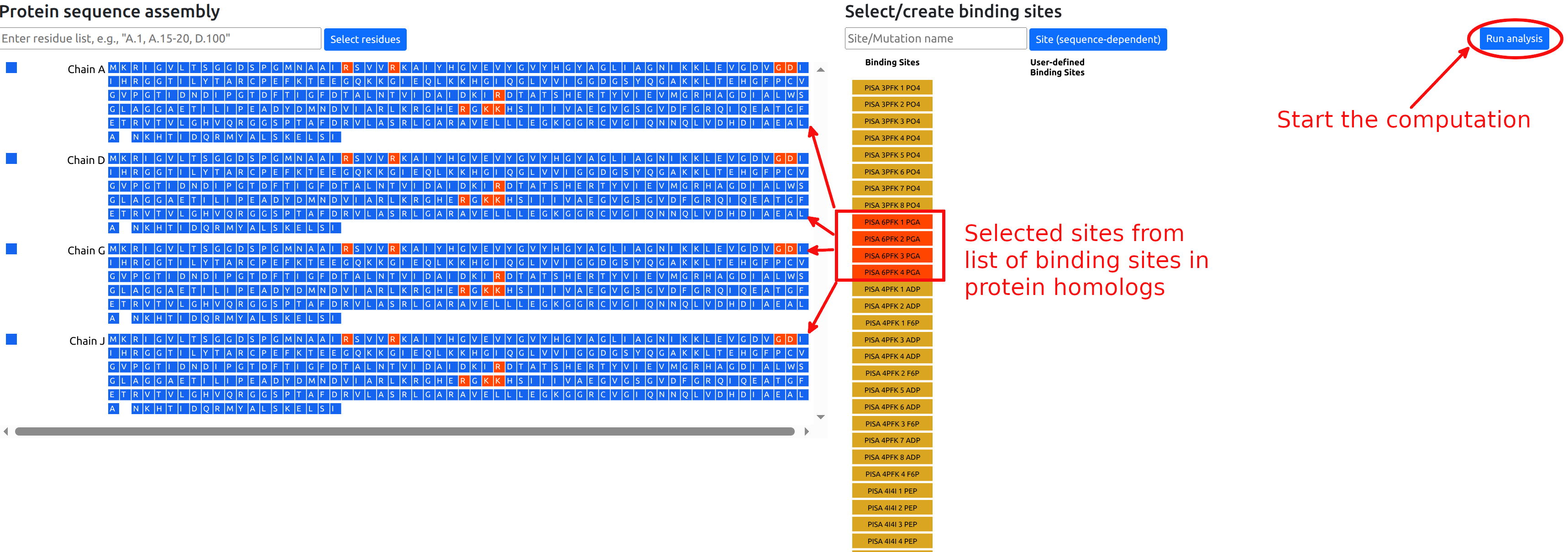 Interface showing selection of homolog binding sites with highlighted PGA sites and activation buttons