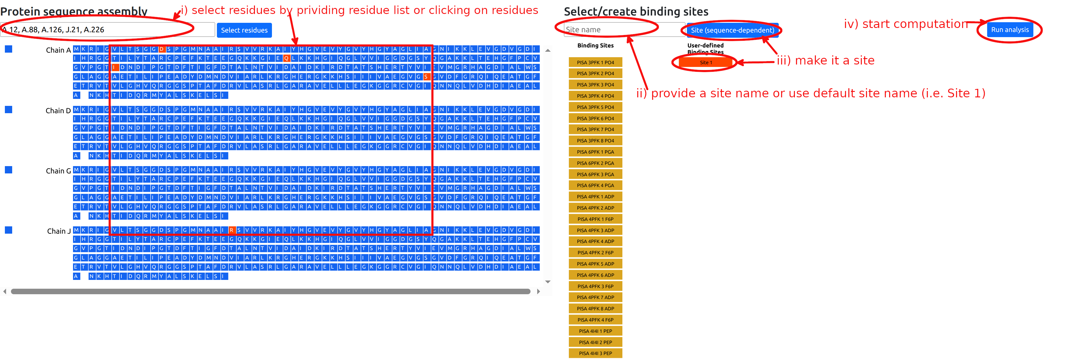 Interface showing manual binding site definition with sequence selection panel and site designation controls